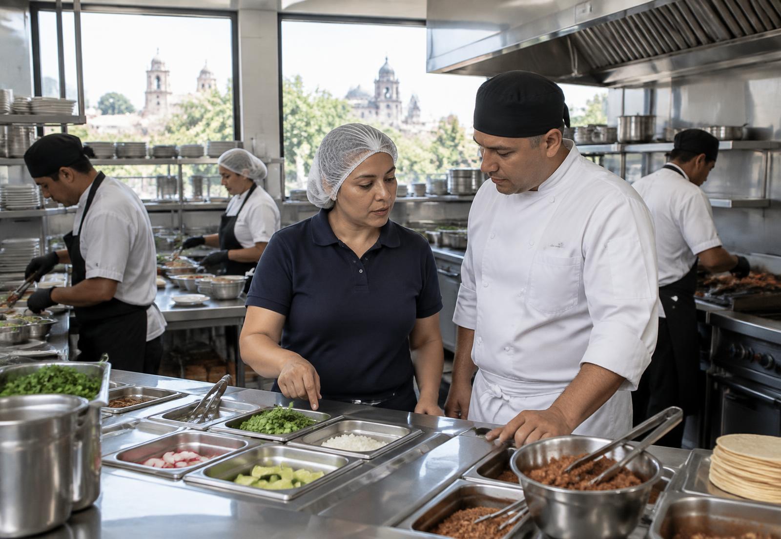 Equipo de cocina revisando una línea de preparación en una operación de alimentos